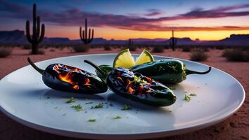 Roasted Jalapeno with Lime on Plate Desert Sunset Background photo