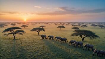 Elephant Herd Walking Across Savannah at Sunrise with Scattered Trees photo