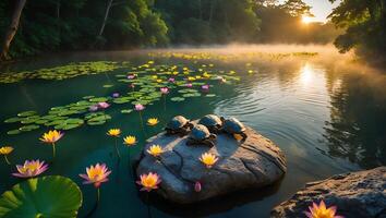 Turtles Resting on a Rock in Serene Pond with Lotus Flowers photo