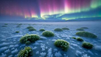 Aurora Borealis Shines Over Frozen Tundra with Green Moss Vegetation photo
