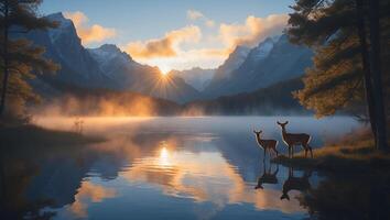 Deer at Mountain Lake at Sunrise with Fog and Reflections photo