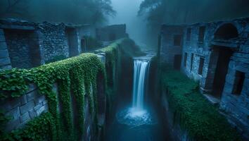 Waterfall Cascading Through Ancient Stone Structures Covered in Greenery photo