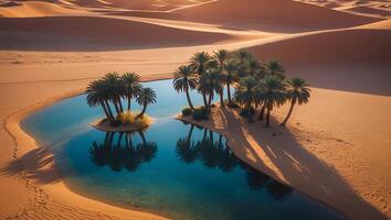 Oasis in the Desert Palm Trees Surrounding a Reflective Water Pond photo