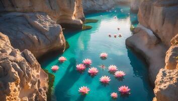 Floating Water Lilies in Turquoise Canyon River Reflecting Sunlight photo