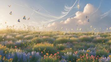 Butterflies Flying Over Wildflower Meadow Under Sky with Cloudscape photo
