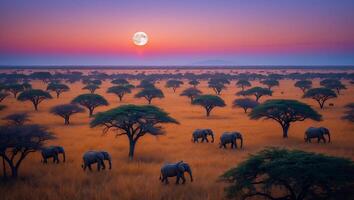 Elephants Roaming in Savannah at Sunset with Full Moon Sky photo