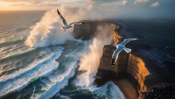 Birds Flying Over Cliffs with Waves Crashing During Sunset Light photo