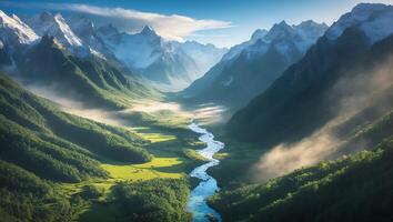 Scenic Valley River Flowing Through Forest with Snowy Mountains photo