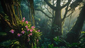 Lush Tropical Forest Scene with Sunlight Filtering Through Dense Foliage photo