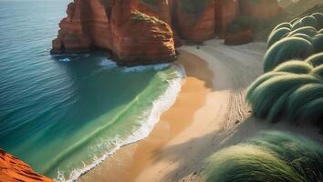 Coastal Beach Landscape with Rock Formations and Turquoise Ocean Water photo