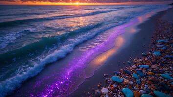 Ocean Waves Washing Shore at Sunset with Glowing Purple Bio-luminescence photo