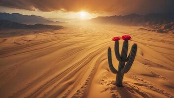 Flowering Cactus in Desert Landscape at Sunset with Golden Light photo