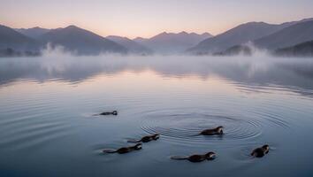 Otters Swiming in Calm Lake at Dusk with Mountain Backdrop photo
