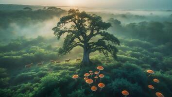 Deer Walking Among Trees and Mushrooms in a Misty Forest Landscape photo