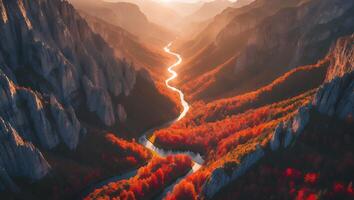 Scenic Autumn Valley with River Flowing Between Colorful Trees photo