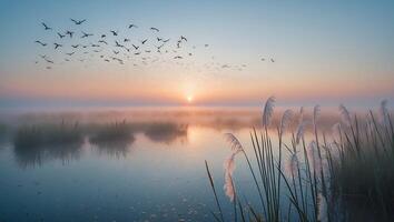 Flock of Birds Flying Over Calm Lake at Foggy Sunrise photo