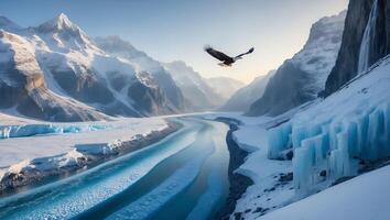 Eagle Flying Over Turquoise River in Snowy Mountain Landscape photo