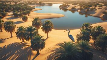 Heron Standing Near Desert Oasis with Palm Trees Landscape View photo