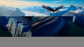 Eagle Flying Over Glacier Landscape with Turquoise Water and Mountains photo