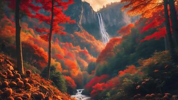 A waterfall is surrounded by autumn trees photo
