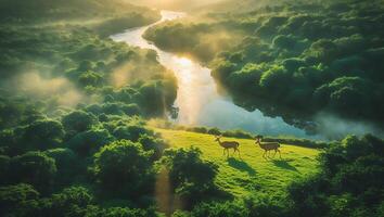 Deer Near River in Misty Forest photo