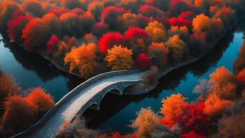 Stone Bridge Over River in Autumn Forest photo