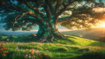 Large Tree on a Green Meadow with Wildflowers and Butterflies photo