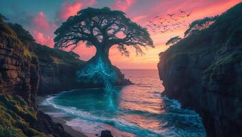 Tree on Cliff at Sunset with Flowing Light and Ocean View photo