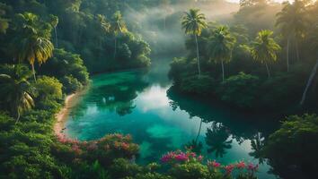 Turquoise River Flowing Through Lush Tropical Jungle with Palm Trees photo