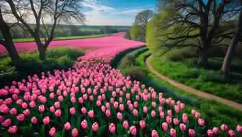Pink Tulip Field Blooming Along a Winding Path in Springtime photo