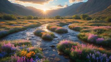 Scenic River Flowing Through Wildflower Meadow in Mountain Valley photo