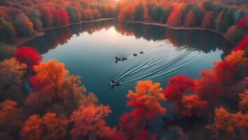 Ducks Swim on Lake Surrounded by Autumnal Trees at Sunrise photo