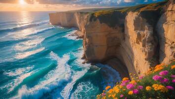 Coastal Cliffs with Flowers Over Ocean Waves at Sunset Scenery photo