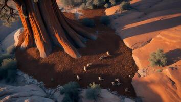 Squirrels Gathering Near Tree in Red Rock Canyon Landscape at Dusk photo