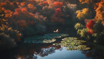 Dragonfly Flying Over Lily Pads on a River in Autumn photo