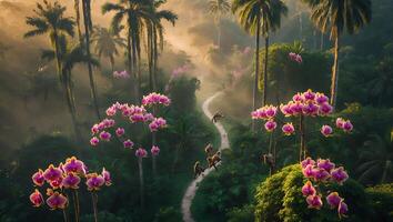 Monkeys Along Forest Path with Orchids and Morning Sunlight photo