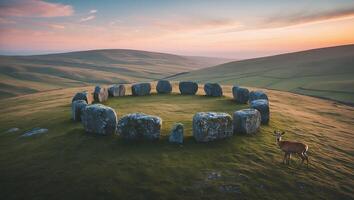 Deer in Stone Circle at Sunset in Rolling Green Landscape photo