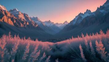 Majestic Snow Capped Mountains at Dusk with Meadow in the Foreground photo