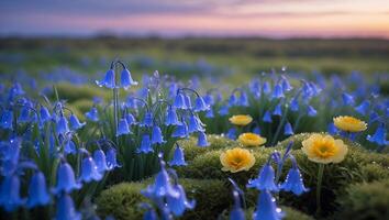 Bluebell Flower Meadow with Yellow Blooms at Dawn Beautiful Landscape photo