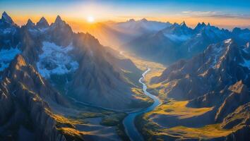 Mountain Range Landscape at Sunset with River Flowing Through Valley photo