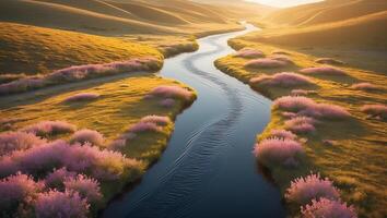 River Flowing Through Golden Hills with Pink Blooms at Sunset photo