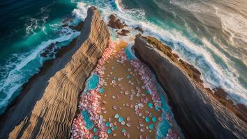 Aerial View of Coastal Beach with Rock Formations and Colorful Stones photo