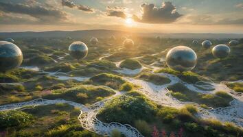 Abstract Landscape with Metallic Spheres and Sunset Glow Over Rolling Hills photo