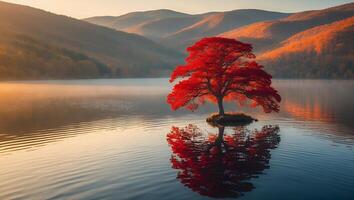 Red Tree Reflecting on Water in Serene Autumnal Mountain Landscape photo