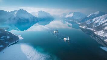Swans Swimming on a Serene Lake with Snowy Mountains Reflection photo