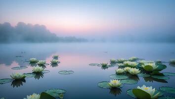 Water Lilies Floating on Misty Lake at Dusk with Soft Lighting photo