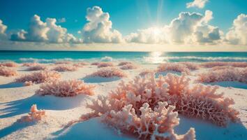 Coral on Sandy Beach with Ocean and Sunny Sky Background photo