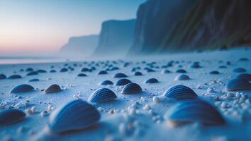 Seashells on Sandy Beach with Coastal Cliffs at Twilight Glow photo
