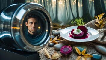 Beetroot Dish and Lens Reflecting Man in Forest Setting photo