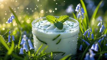 Refreshing Drink with Mint Surrounded by Flowers in a Meadow photo